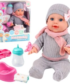 35 cm geriantis ir į puoduką šlapinantis kūdikis su aksesuarais