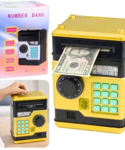 Auksinė seifo formos taupyklė vaikams – monetoms ir banknotams