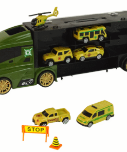 Automobilvežis–lagaminas su automobiliais ir sraigtasparniu