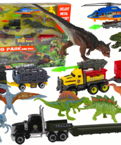 Dinozaurų rinkinys su sraigtasparniu ir automobiliais