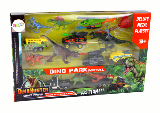 Dinozaurų rinkinys su sraigtasparniu ir automobiliais