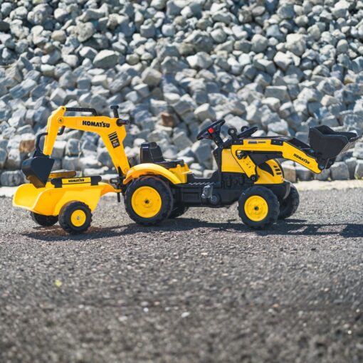 FALK „Komatsu“ pedalinis traktorius su ekskavatoriaus kaušu ir priekaba