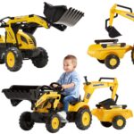 FALK „Komatsu“ pedalinis traktorius su ekskavatoriaus kaušu ir priekaba