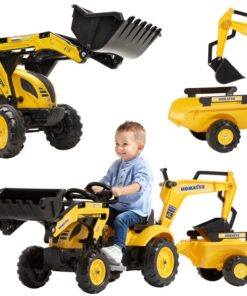FALK „Komatsu“ pedalinis traktorius su ekskavatoriaus kaušu ir priekaba