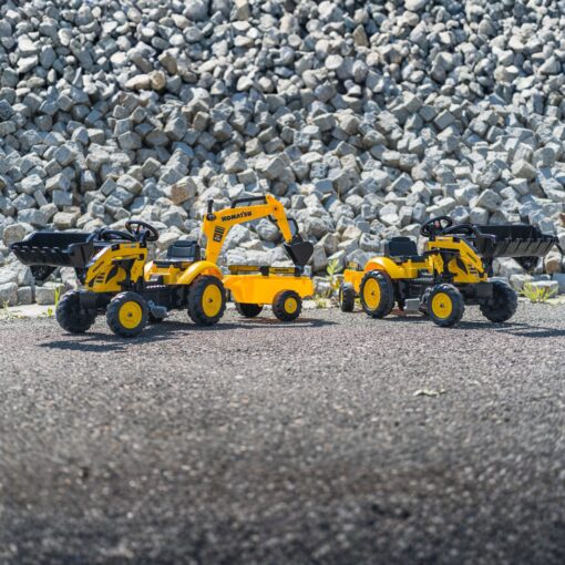 FALK „Komatsu“ pedalinis traktorius su ekskavatoriaus kaušu ir priekaba