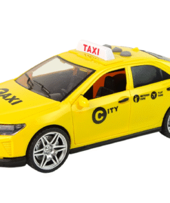 Geltonas taksi automobilis su šviesomis ir garsais