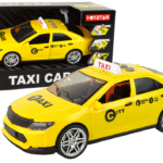 Geltonas taksi automobilis su šviesomis ir garsais