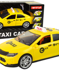 Geltonas taksi automobilis su šviesomis ir garsais