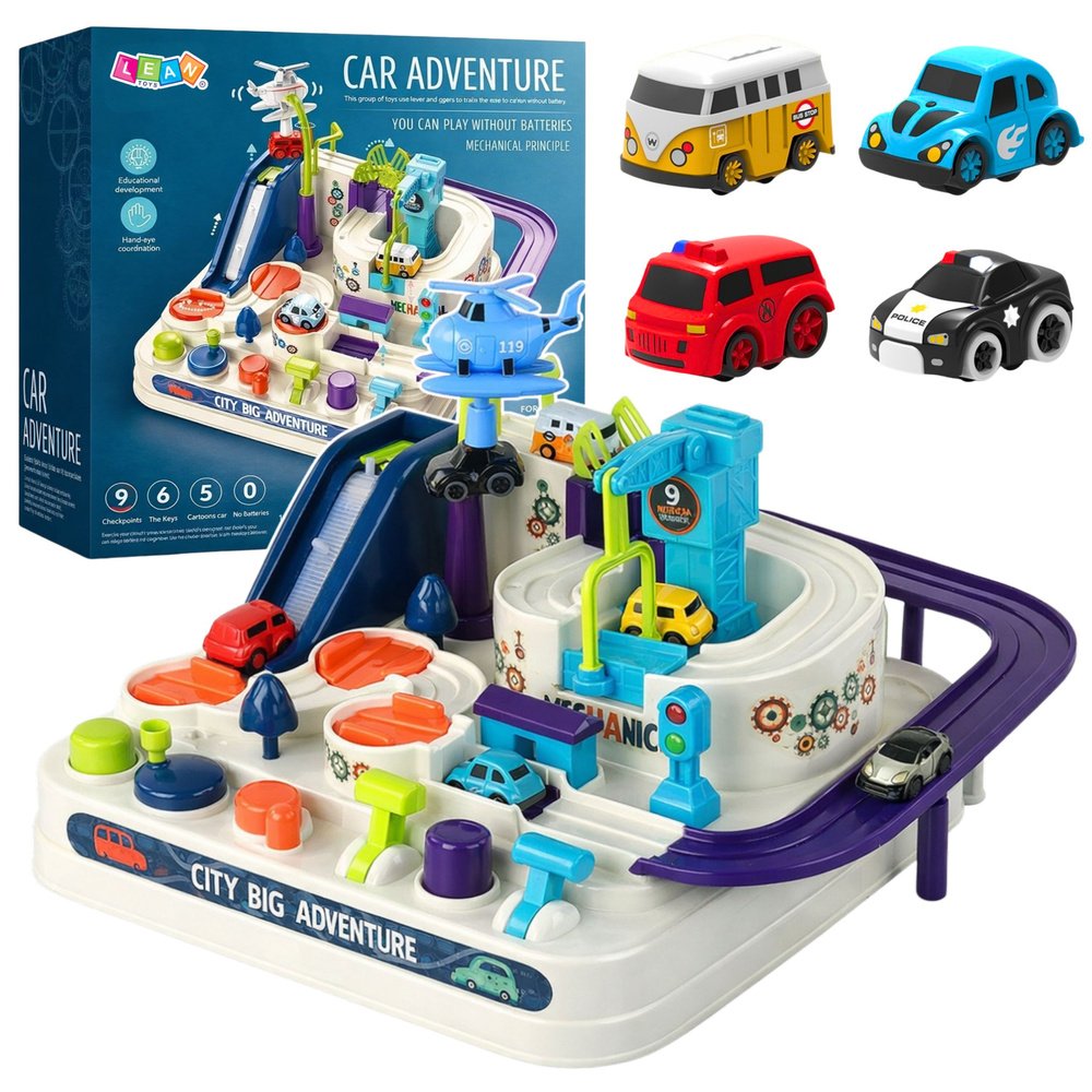 Interaktyvus kliūčių trasa–parkingas vaikams su 4 automobiliais Interaktyvus kliūčių trasa–parkingas vaikams su 4 automobiliais