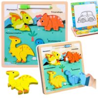 Medinė dinozaurų dėlionė su piešimo lenta
