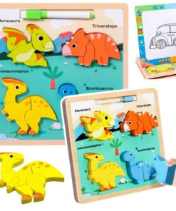 Medinė dinozaurų dėlionė su piešimo lenta