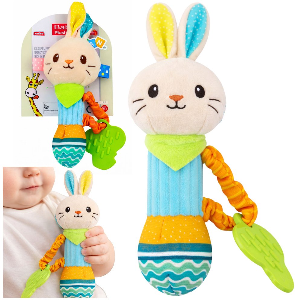 Minkštas zuikučio barškutis su kramtuku ir cypliuku kūdikiams Minkštas zuikučio barškutis su kramtuku ir cypliuku kūdikiams