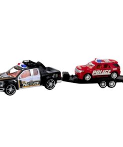 Policijos visureigis su tralu ir automobiliu