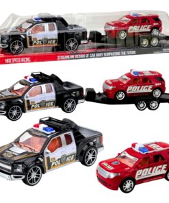 Policijos visureigis su tralu ir automobiliu