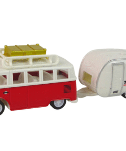 Raudonas autobusas su kemperio priekaba