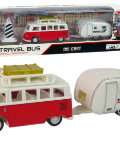 Raudonas autobusas su kemperio priekaba