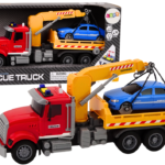 Raudonas tralas su kranu ir automobiliu