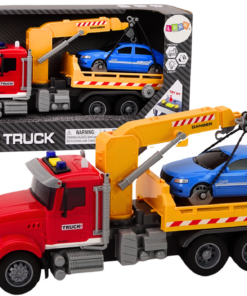 Raudonas tralas su kranu ir automobiliu