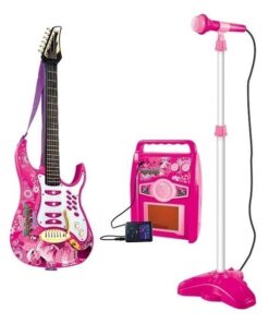 Rožinė elektrinė gitara su mikrofonu ir stiprintuvu – mažajai žvaigždei