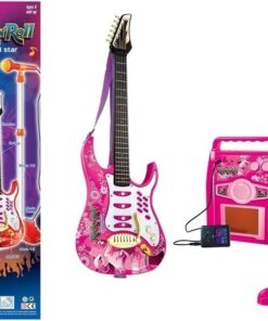 Rožinė elektrinė gitara su mikrofonu ir stiprintuvu – mažajai žvaigždei