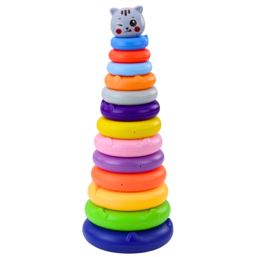 Spalvota žiedų piramidė su katinu