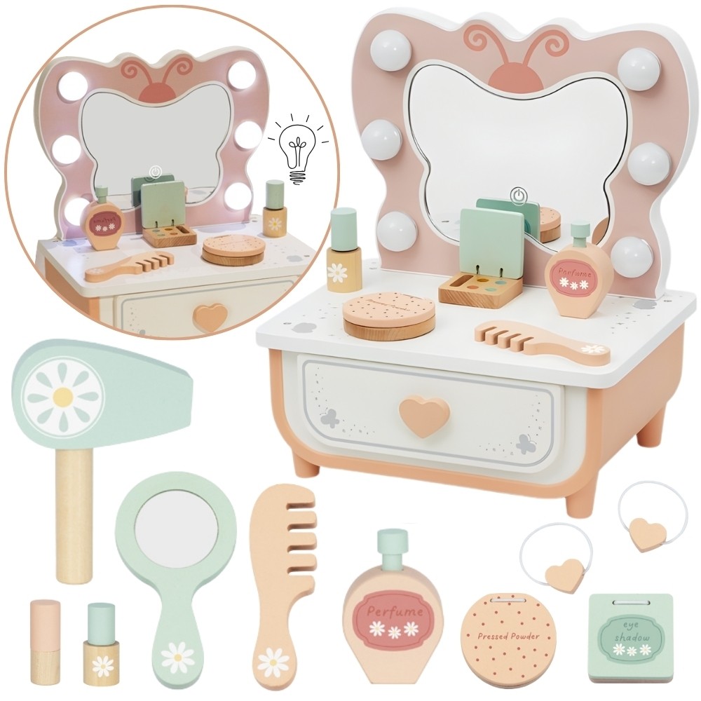 TOOKY TOY medinis „Drugelio“ grožio staliukas su veidrodžiu TOOKY TOY medinis „Drugelio“ grožio staliukas su veidrodžiu