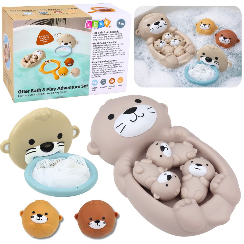 Ūdrų šeimos maudynių žaislų rinkinys su krepšeliu ir kamuoliukais Ūdrų šeimos maudynių žaislų rinkinys su krepšeliu ir kamuoliukais