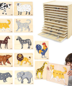 VIGA Medinių dėlionių rinkinys – 12 Montessori gyvūnų dėlionių su stovu