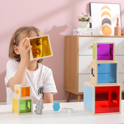 VIGA medinė piramidės formos dėlionė su kaladėlėmis – Montessori rūšiuoklis