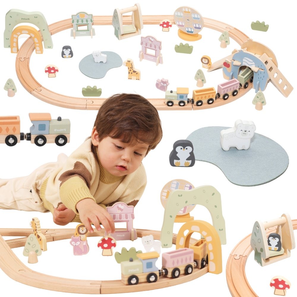 VIGA medinis traukinio rinkinys vaikams su bėgių sistema – 62 detalės VIGA medinis traukinio rinkinys vaikams su bėgių sistema – 62 detalės