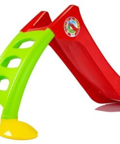 Vaikiška sodo čiuožykla su kopetėlėmis – žalia–raudona