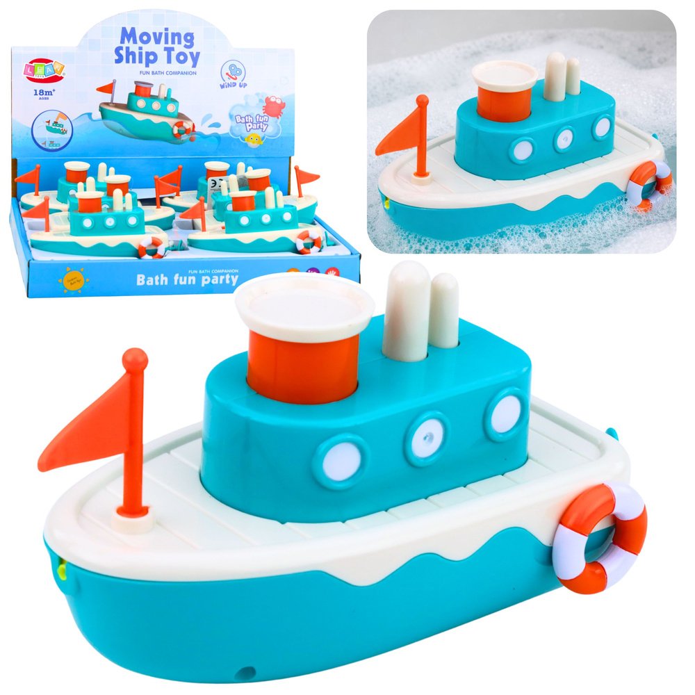 Vėjo prisukamas vonios laivelis su vandens purslais Vėjo prisukamas vonios laivelis su vandens purslais