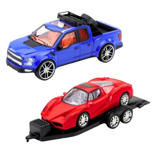 Visureigis su tralu ir sportiniu automobiliu