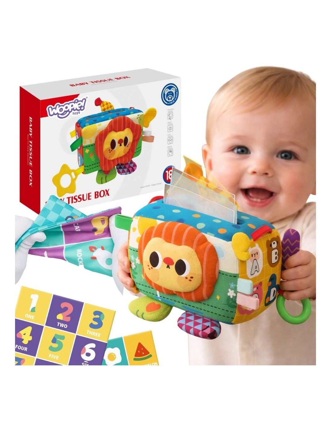 WOOPIE BABY edukacinis sensorinis žaislas „Lady Tag“ servetėlių dėžutė WOOPIE BABY edukacinis sensorinis žaislas „Lady Tag“ servetėlių dėžutė