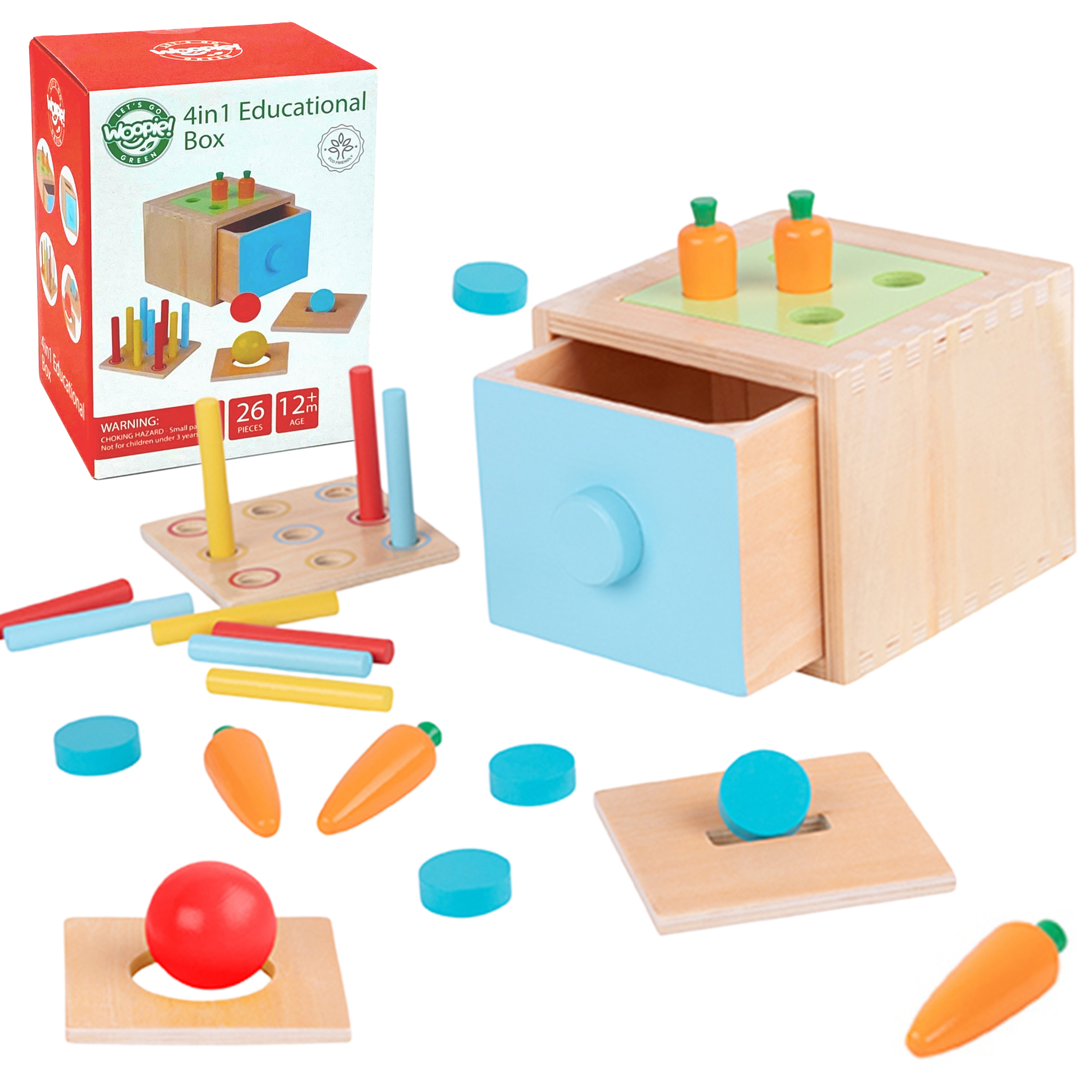 WOOPIE GREEN puidust hariduslik 4-&uuml;hes Montessori sorteerimiskast "Porgandim&auml;ng"