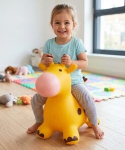 WOOPIE geltonas šokinėjantis žirafos kamuolys (jumper) su pompa