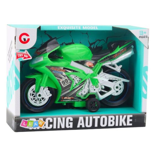 Žalias lenktyninis motociklas su šviesomis