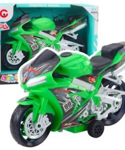 Žalias lenktyninis motociklas su šviesomis