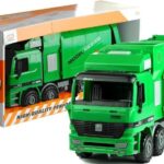 Didelis žalias šiukšliavežis su konteineriu – mechaninis išvertimas
