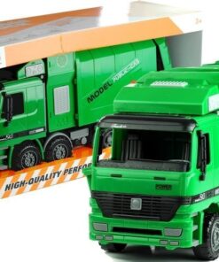 Didelis žalias šiukšliavežis su konteineriu – mechaninis išvertimas