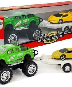 Geltonų sportinių automobilių ir žalio visureigio rinkinys