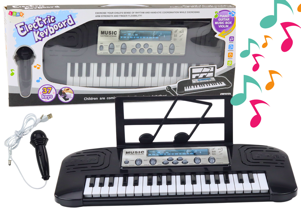 Juodas vaikiškas elektrinis pianinas su 37 klavišais