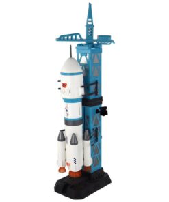 Kosminė raketa su paleidimo bokštu ir astronautais