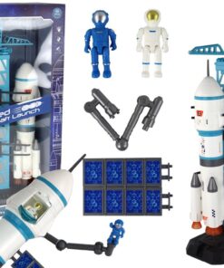 Kosminė raketa su paleidimo bokštu ir astronautais