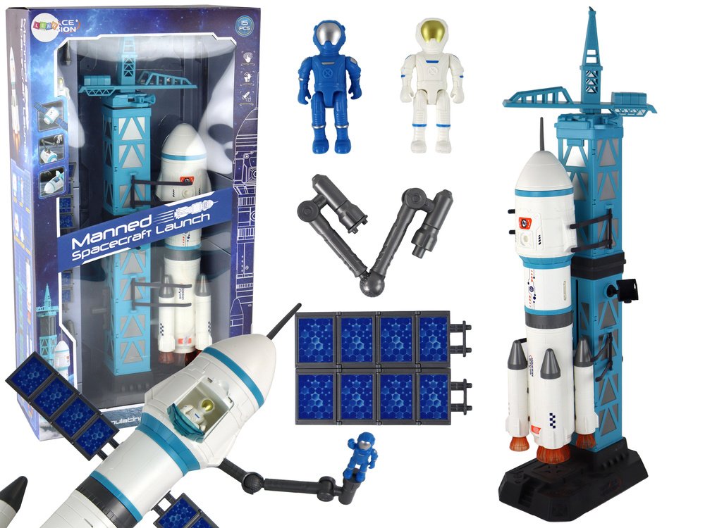 Kosminė raketa su paleidimo bokštu ir astronautais Kosminė raketa su paleidimo bokštu ir astronautais