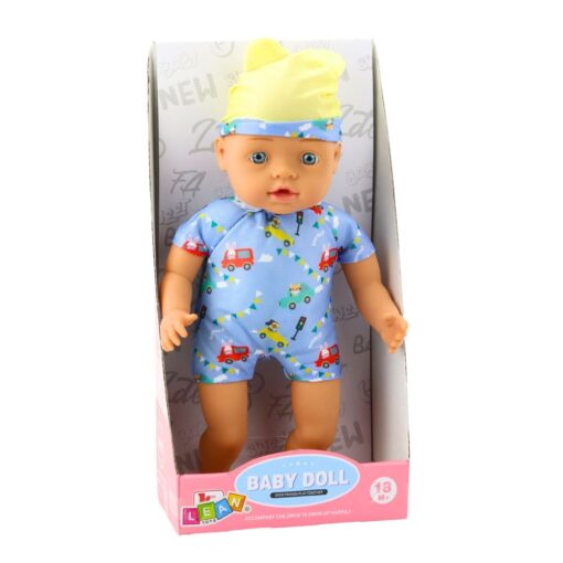 Kūdikio lėlė mėlynais drabužiais 31 cm