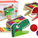 Medinis dinozauro 2in1 mušamasis žaislas su kamuoliukais ir cimbolais