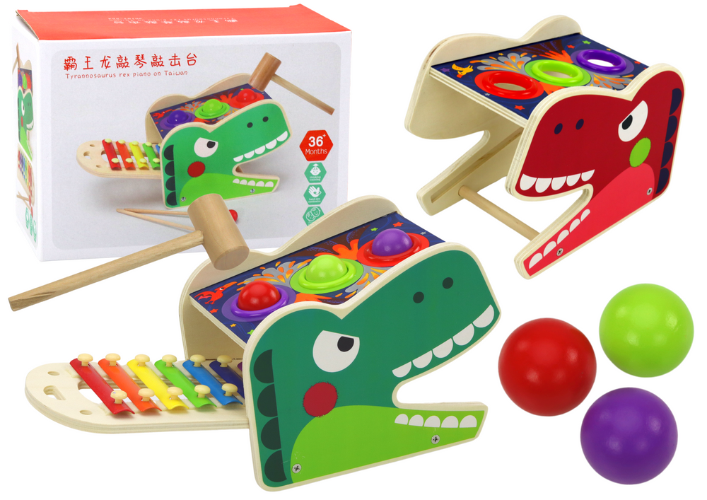 Koka dinozaura 2in1 perkusijas rotaļlieta ar bumbiņām un cimbolēm Medinis dinozauro 2in1 mušamasis žaislas su kamuoliukais ir cimbolais