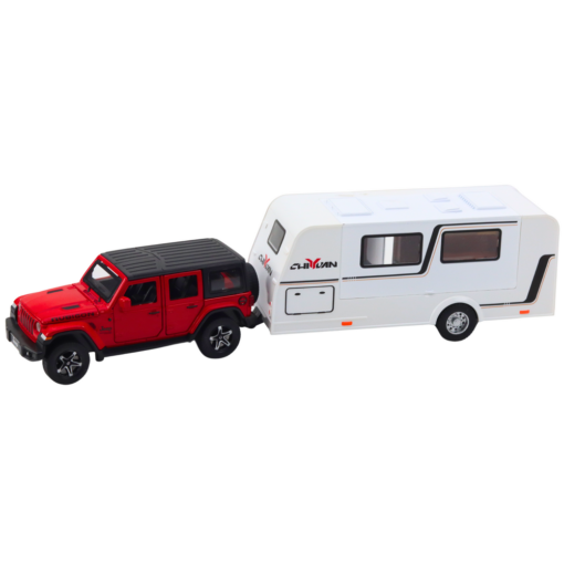 Metalinis raudonas off-road automobilis su kemperiu 1:32