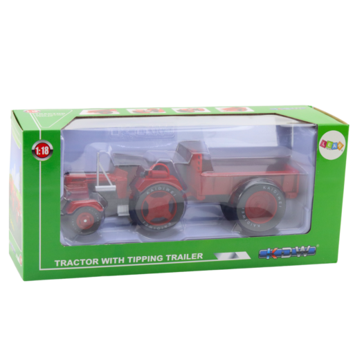 Metalinis traktorius su raudona priekaba 1:18